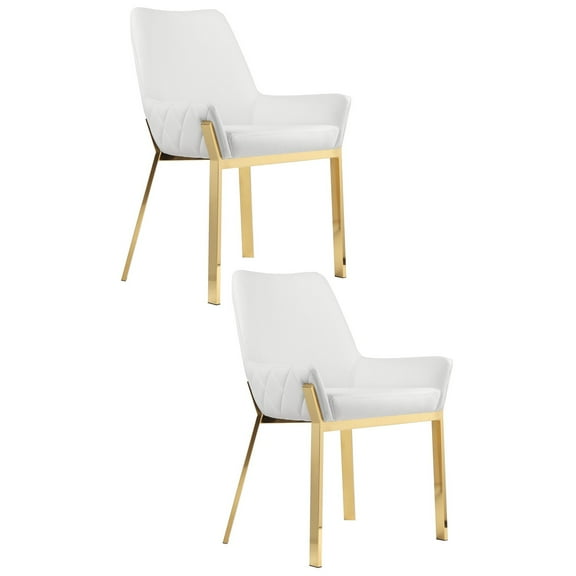 Benjara Fuma 23 Inch Dining Accent Chair Set of 2, Tufted, White Faux Leather, Gold