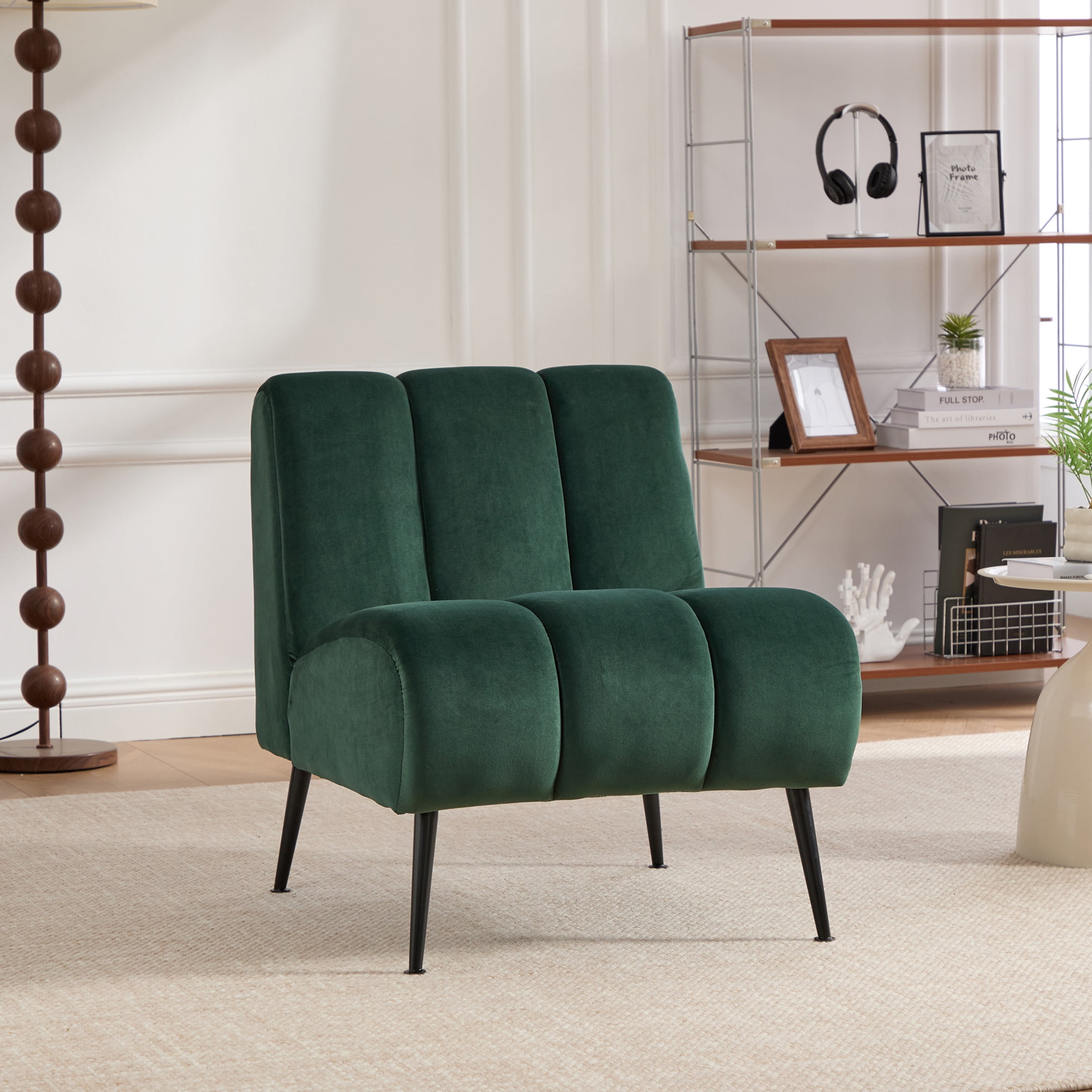 Noble House Ashton 24.4" Velvet Armless Accent Chair, Modern Upholstered Lounge Chair with Metal Legs, Green
