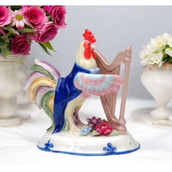 Ceramic Rooster Playing Harp Figurine, Musician Gift, Rooster Lover Gift, Farmhouse Decor
