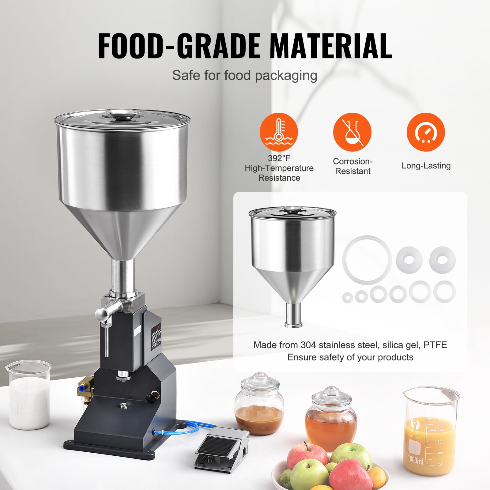SKYSHALO Air-Operated Liquid Dispenser, 5-50ml Capacity, Stainless Steel, for Milk, Water, Juice, Essential Oils, Shampoo, Cosmetics, Honey, Lotion, Includes Foot Pedal
