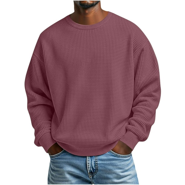 Ceisia Mens Long Sleeve Pullover Loose Sweater Waffle Knit Round Neck Lounge Loose Type Red XXL Gift