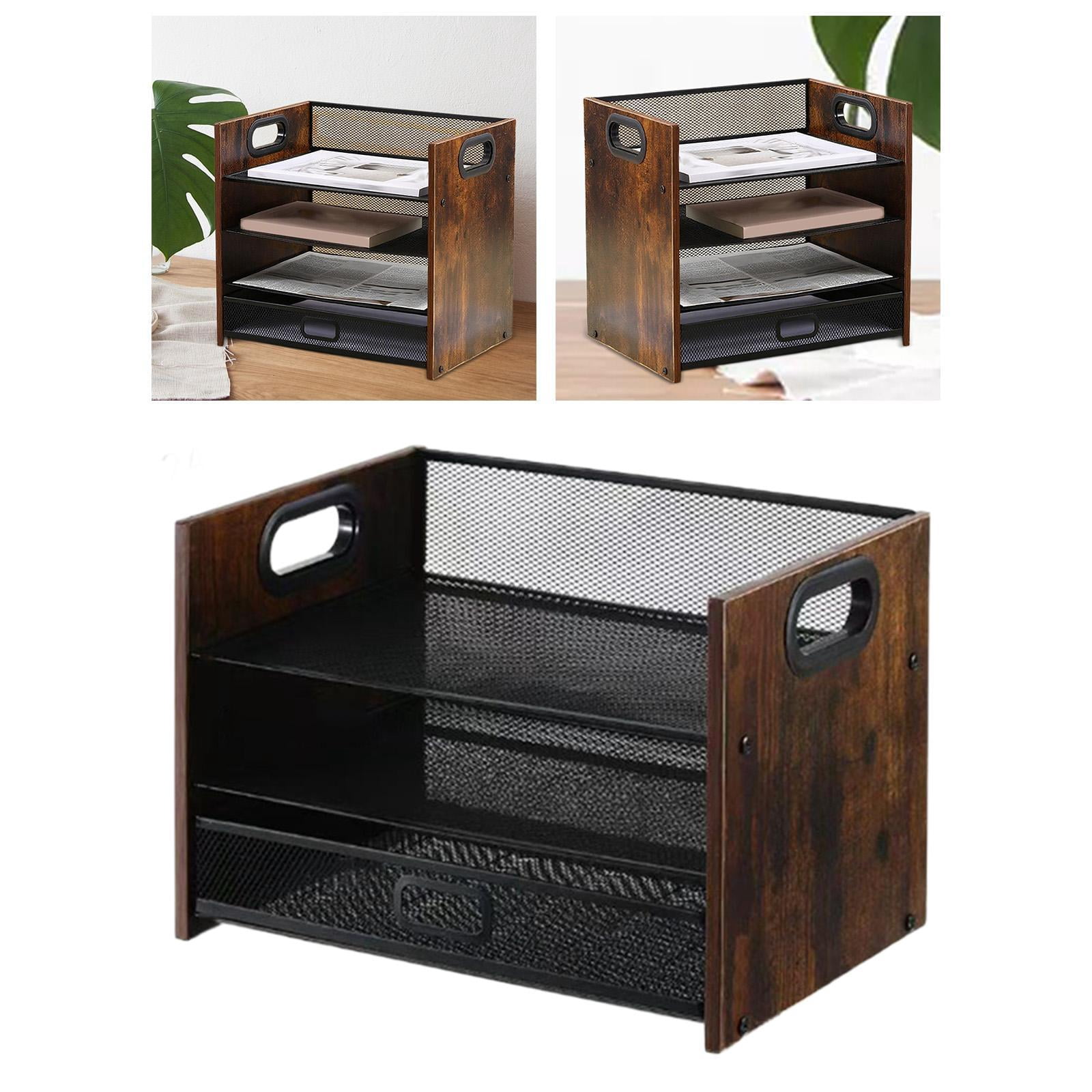 koolsoo Desktop File Organizer, Wood Desk Organizer, Tiered,Wooden Paper Tray with Handle for Home Papers Notebooks 3 Tier