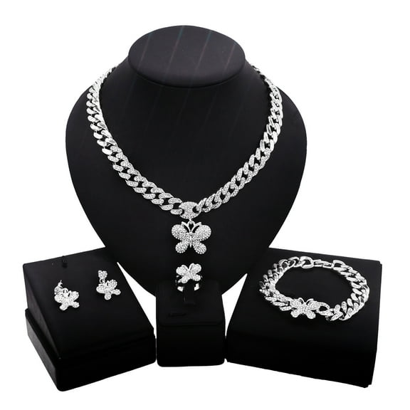 Women's Jewelry Set - Hugs & Kisses XOXO Miami Cuban Link iced Cut 4 Pieces Necklace Set for Women Butterfly Charm Necklace Bracelet Earrings Ring Real Gold Plated Layered