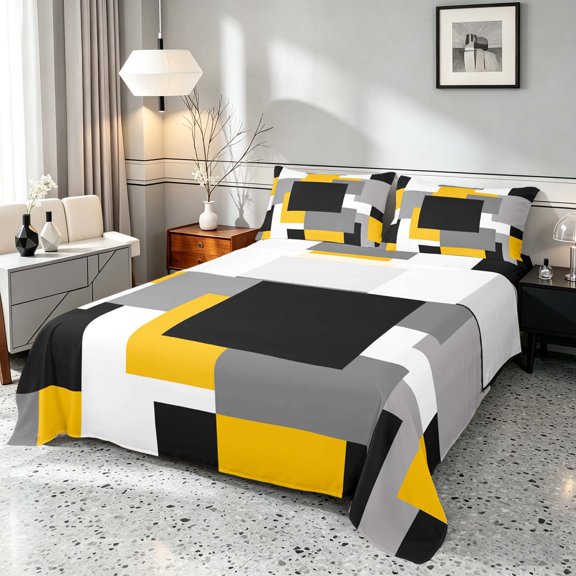 Manfei Abstract Geometric Block Queen Sheets, Geometric Theme Queen Sheet Sets, Yellow Black Gray White, Black Reversible 4-Piece1 Flat Sheet 1 Fitted Sheet 2 Pillowcases
