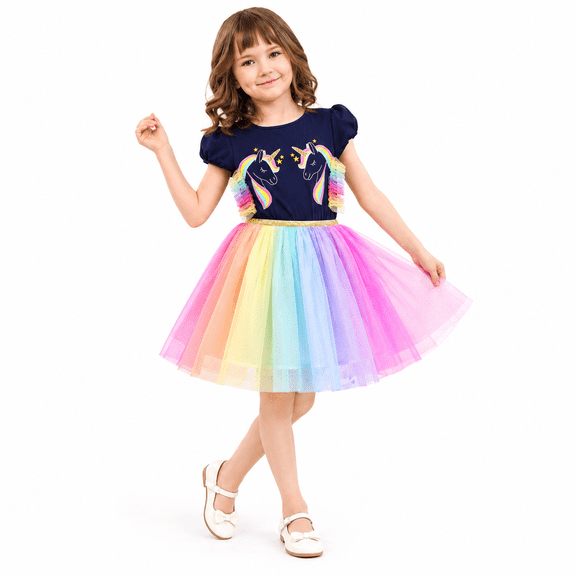 Girls Dress Multicolor Rainbow Unicorn Tulle Princess Party Birthday 8 Years