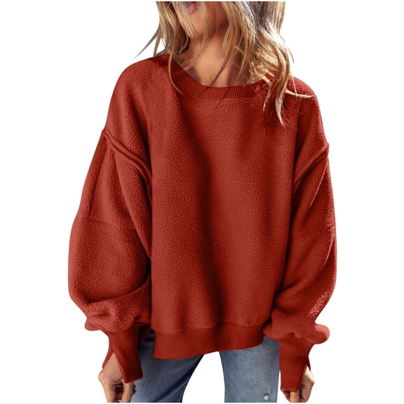 UAMVSH Fuzzy Fleece Sweatshirt for Women Trendy Crew Neck Long Sleeve Warm Plush Pullover Loose Casual Fall Winter Clothes(X-Large,Red)