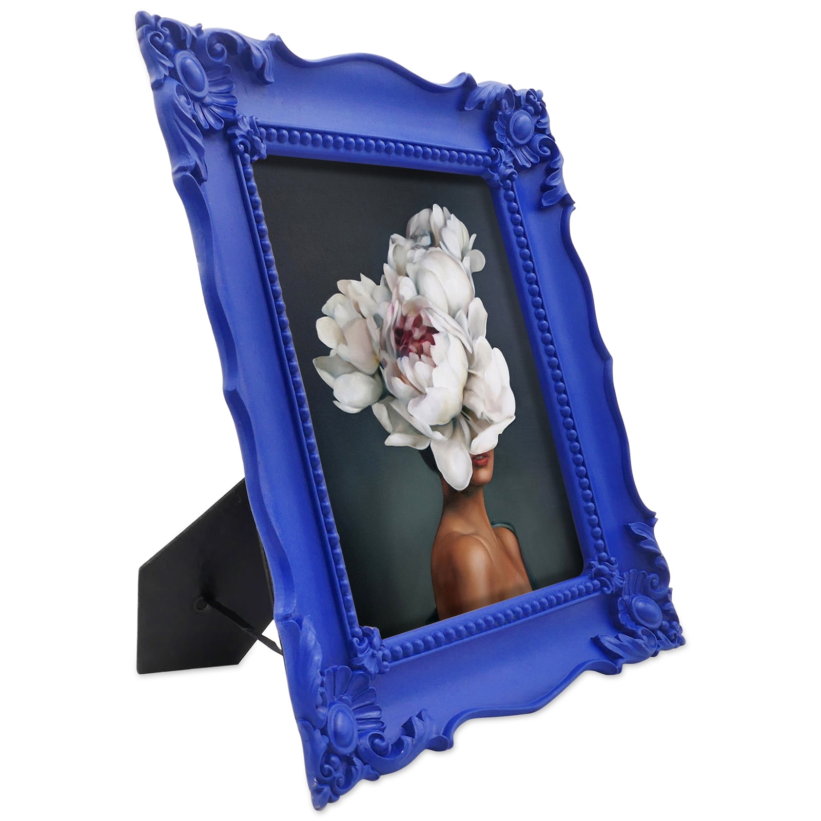 Blue 8x10 Picture Frame for Wall and Tabletop, Vintage Photo Frame with Flower Carving Ornaments