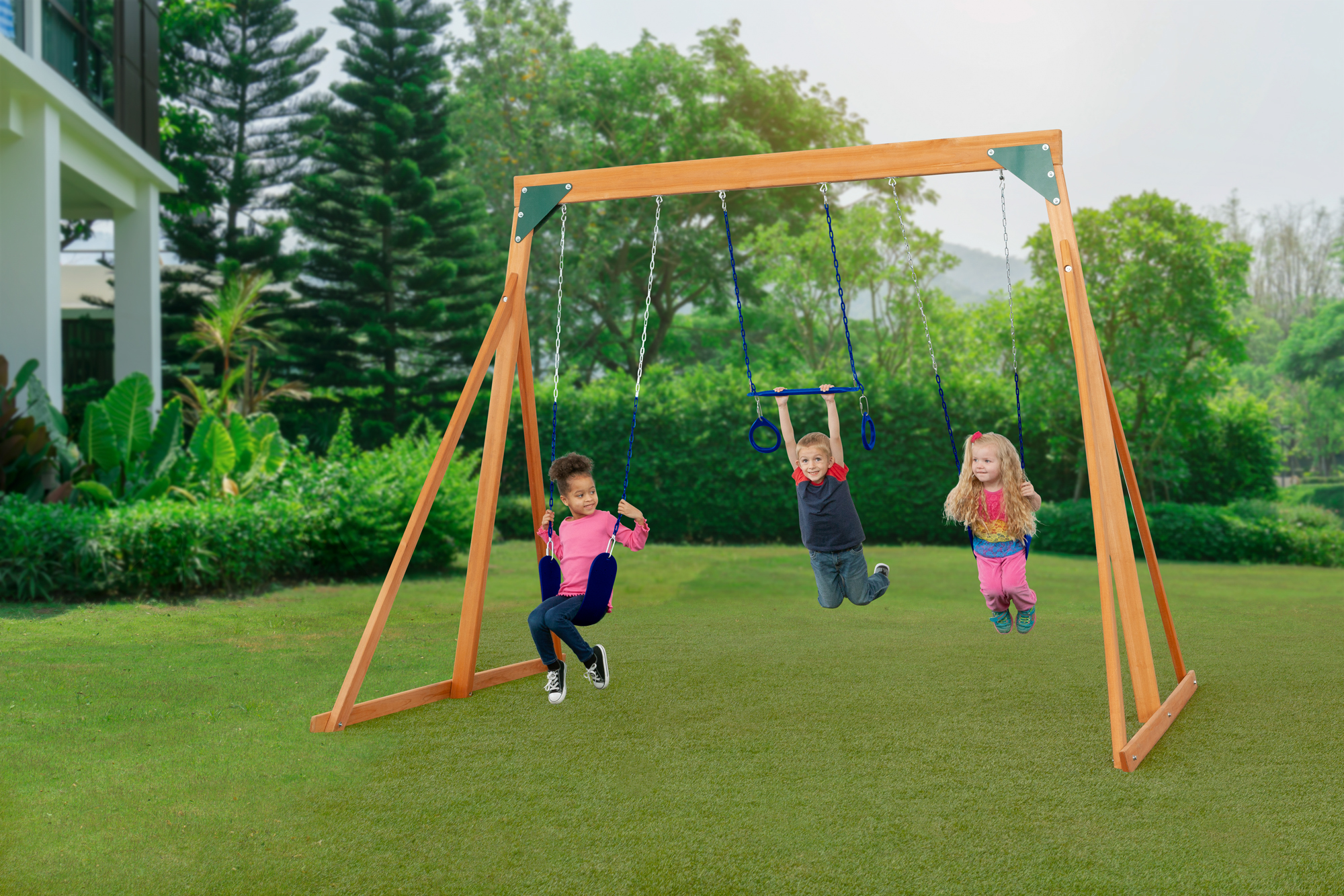 Trailside Cedar Swingset with Belt Swings and Trapeze Bar, All