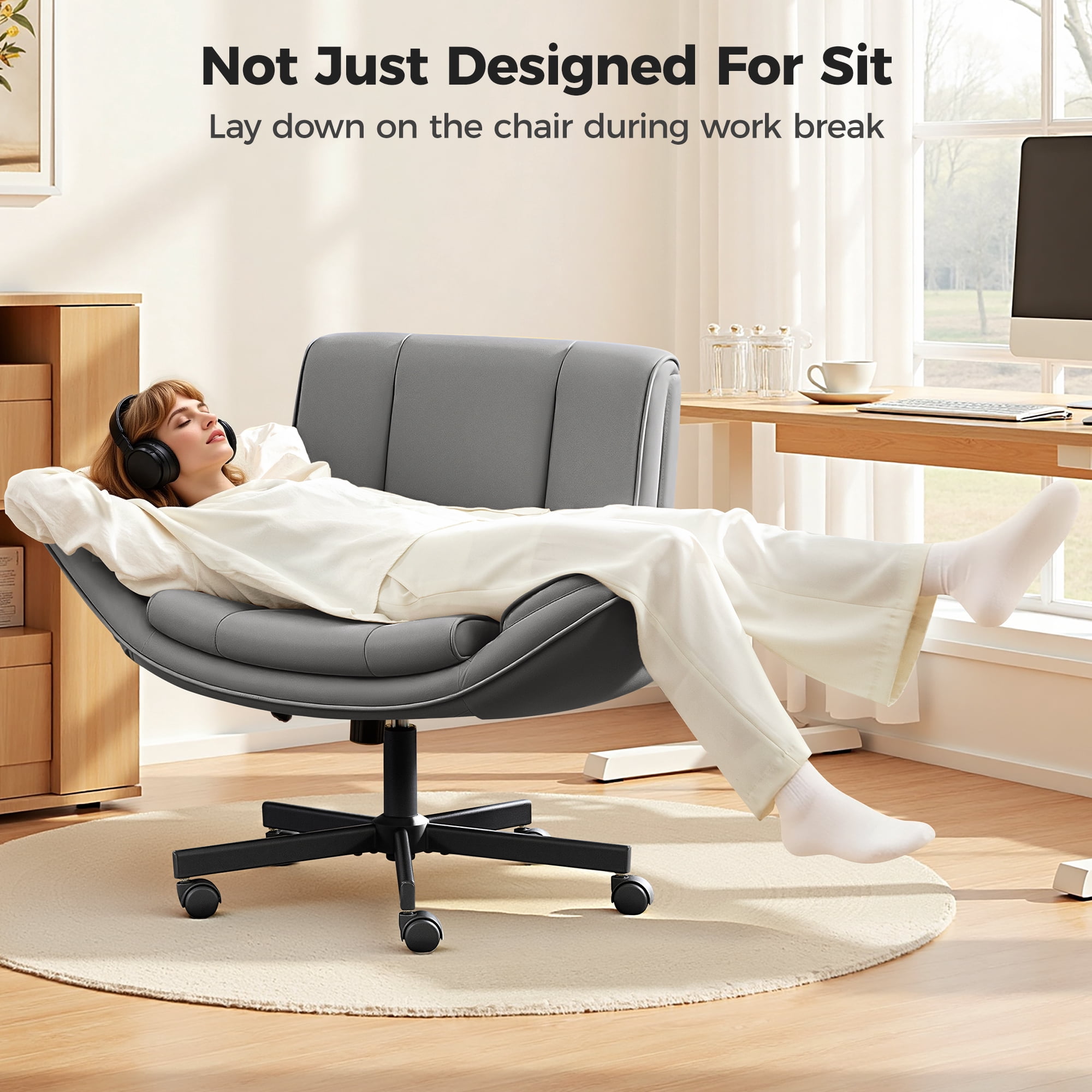 COOLHUT Criss Cross Office Chair, PU Leather Vanity Chair with Armrests and Wheels, Comfy Adjustable Swivel Ergonomic Criss Cross Chair for Home Office Bedroom Makeup, Dark Gray