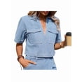 thumbnail image 3 of Women'S Denim 2 Piece Outfits Summer Lapel V Neck Crop Top Jean Skirt Shorts Set with Pockets Light S, 3 of 9
