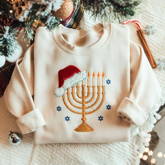 EMBROIDERED Menorah Christmas Sweatshirt, Jewish Sweatshirt, Family Chrismukkah Shirt, Chanukah Menorah Sweatshirt, Family Matching Sweater