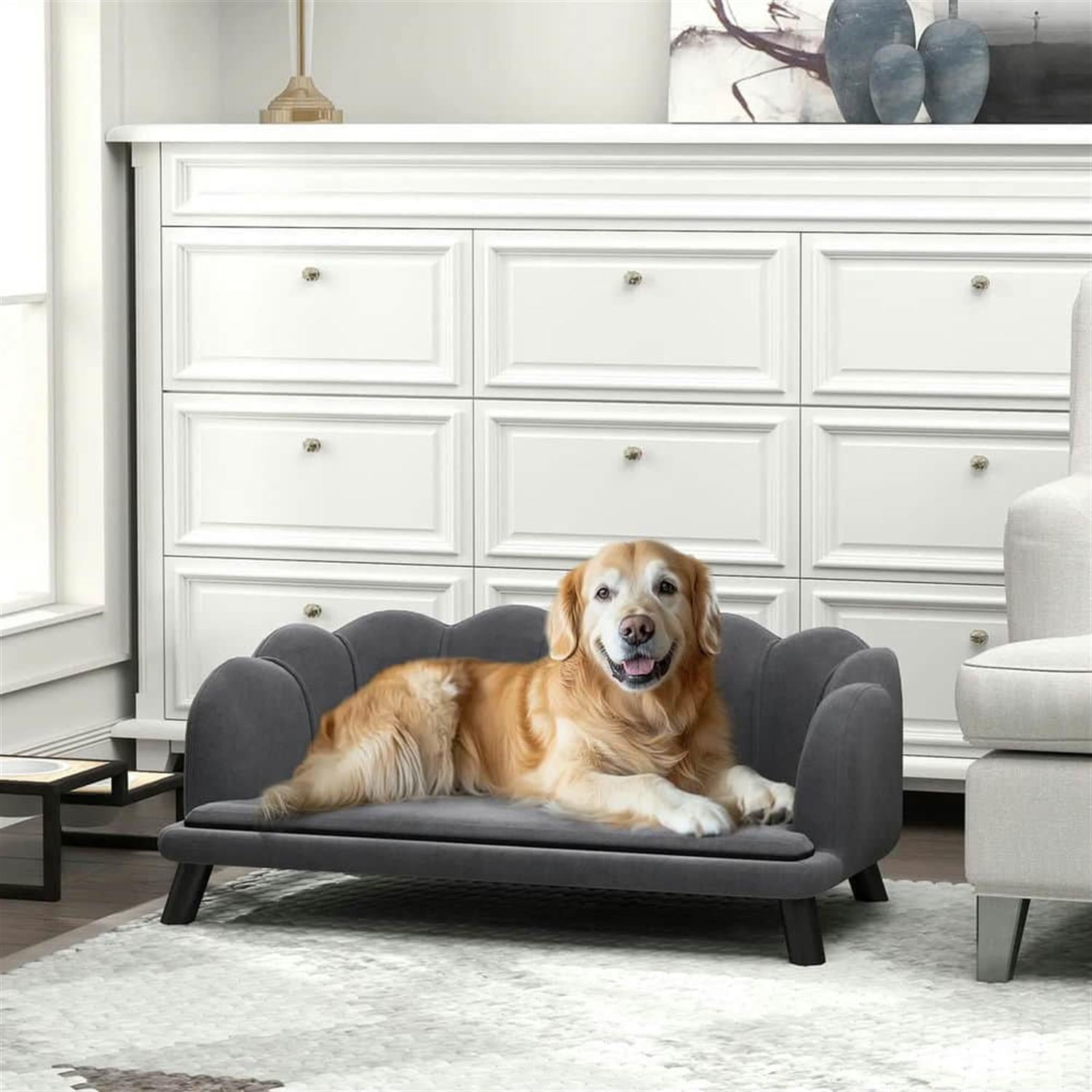 Kadyn 38" Pet Sofa with Pillow and Wooden Legs, Dog Bed for Medium-Large Dogs, Comfortable & Durable, Gray