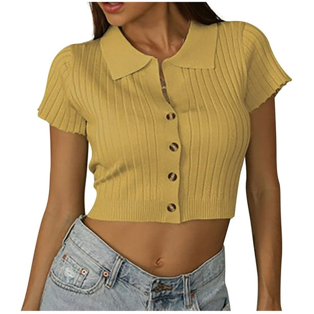 Mujeres Casual Turndown Collar Botones Manga corta Sólido Pullover Blusa Camiseta Tops Sueltos OAVQHLG3B Store lin121212