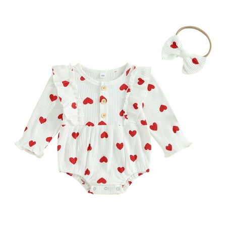

Suanret Toddler Baby Girls Valentine s Day Romper Long Sleeve Heart Print Button Jumpsuit with Headband White 3-6 Months