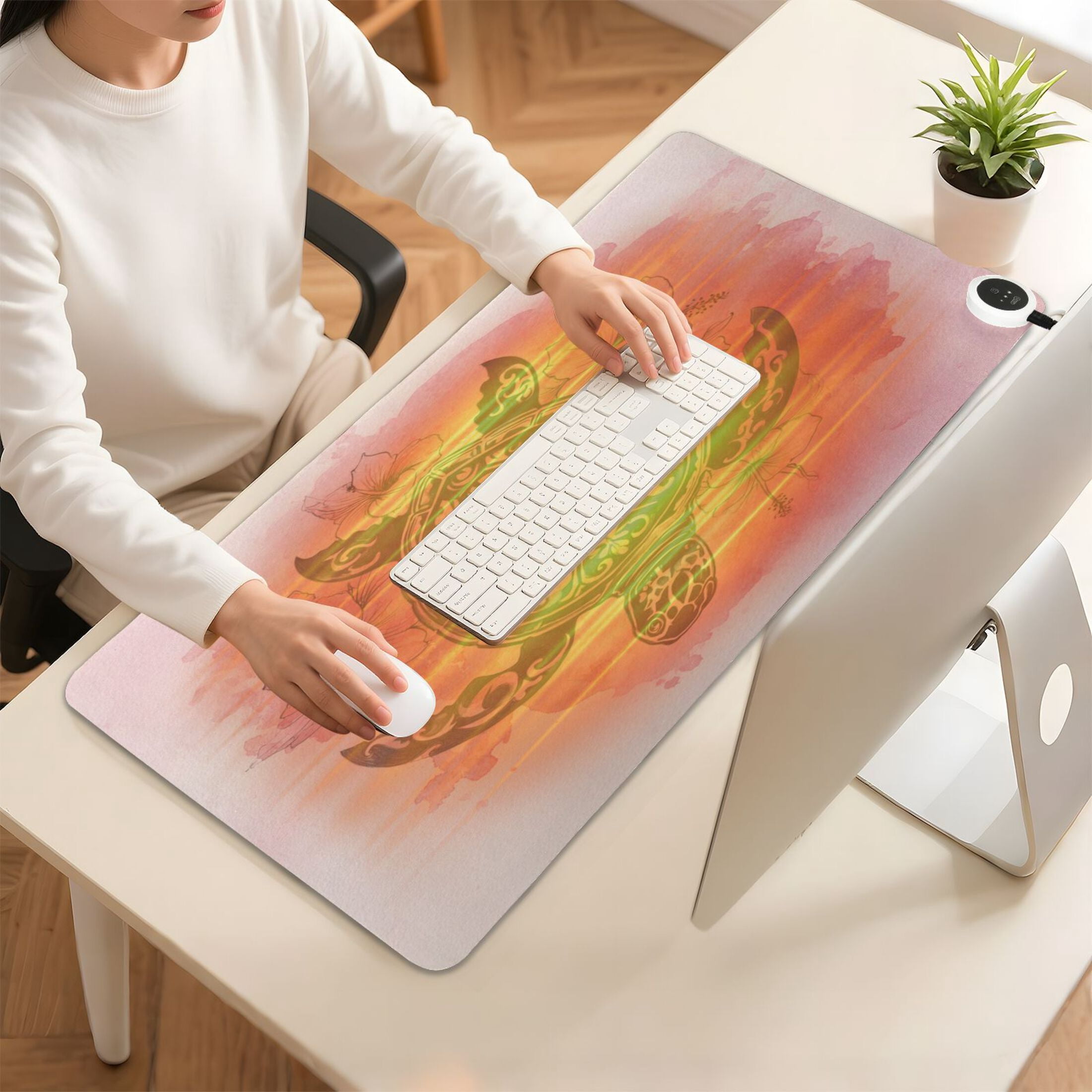 Large Heated Desk Mat Mouse Pad 31.5"x13"PU Leather Graphene Heating Desk Warmer with 3 Temperature Settings 110V US Plug Non-Slip Warm Pad for Home, Office, and Gaming Sea Turtle Print Pattern