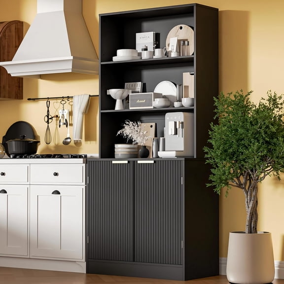 67" Pantry Cabinet with 2 Doors, 3-Tier Modern Hutch with Adjustable Shelves, Freestanding Larder Cupboard, Kitchen Pantry Storage Cabinet for Kitchen, Dining Room, Bathroom, Black