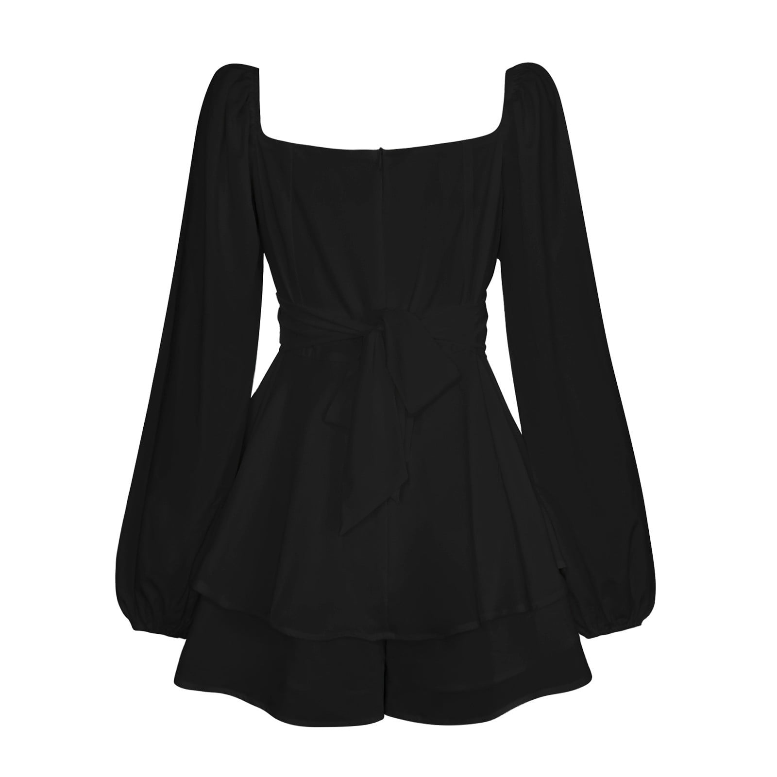 Mohiass Women's Jumpsuit Lantern Long Sleeve Ruffle Layer Tie Mini Short Romper Black S Mohiass Women's Jumpsuit Lantern Long Sleeve Ruffle Layer Tie Mini Short Romper Black S