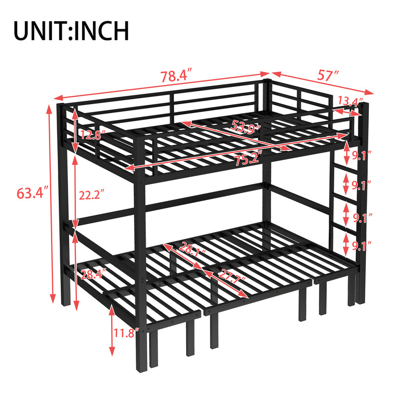 Full Over Futon Bunk Beds, Metal Bunk Bed Frame can be Converted into Bed and Couch, Full Bunk Bed with Ladder, No Box Spring Needed-Black