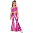 thumbnail image 4 of YiZYiF Kids Girls Shiny Disco Hippie Jazz Dance Outfits One Shoulder Sequins Crop Top and Split Bell-Bottom Leggings Hot Pink 12, 4 of 7
