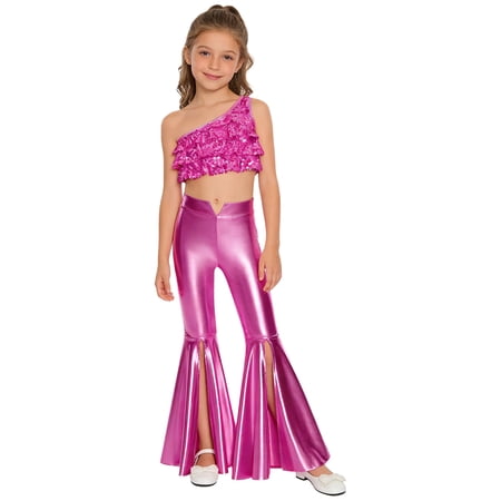 SiiRoh Kids Girls Shiny Jazz Latin Dance Performance Outfit Sequin Tiered Ruffles Crop Top with Split Metallic Pants Hot Pink 10