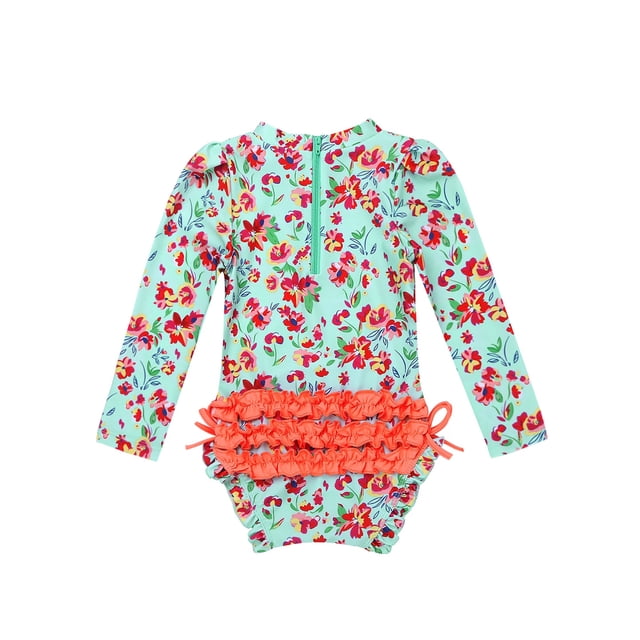 Moggemol Baby Girls Rashguard Swimsuit UPF50+ Long Sleeve Floral Print Ruffle One Piece Bathing Suit Light Green 0-3M