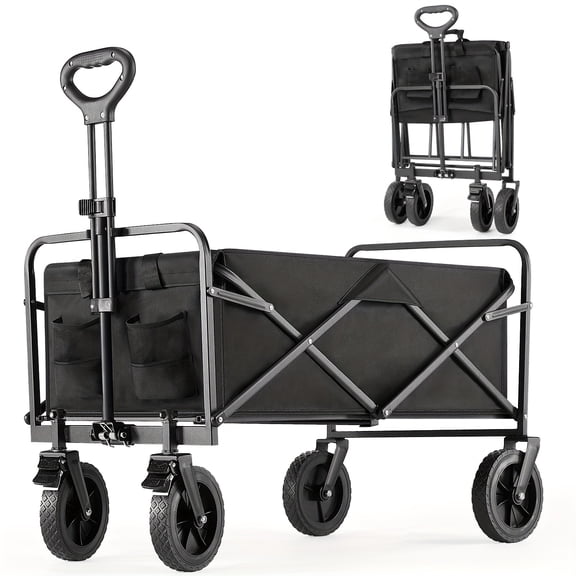 Collapsible Foldable Wagon Cart, Large Capacity Garden Beach Cart with All-Terrain Wheels, Heavy Duty Utility Grocery Wagon with Drink Holders for Shopping Sports Camping - black30