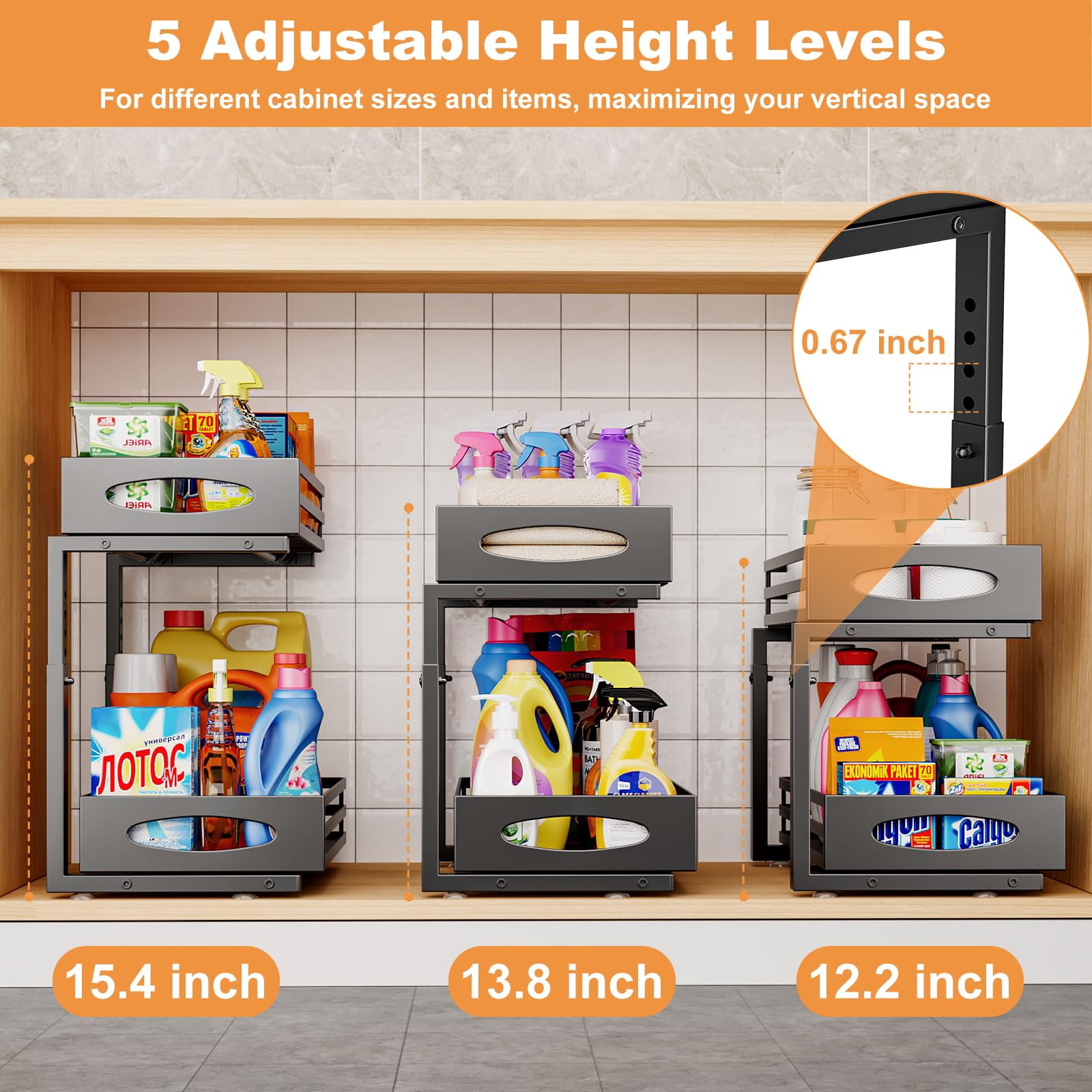 Under Sink Organizer 2 Tier Adjustable Height Slide Out Metal Cabinet Storage Drawer Shelf for Kitchen Bathroom White 1 Pack