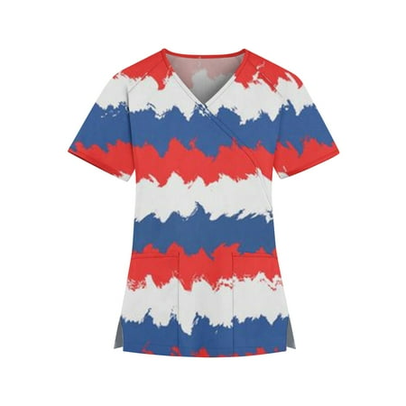 

TKing Fashion Independence Day Women Plus Size Scrubs Top V-Neck Short Sleeve Printed Pockets Work Blouse for Women Blue XL