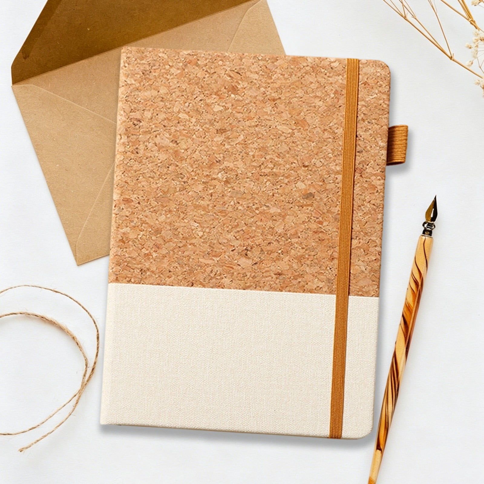 VKLU 1Pc Beige 8.5" x 5.7" Cork and Faux Leather Patchwork Journal, Professional Hardcover Notebook with Elastic Band