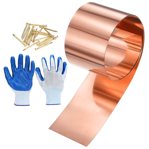 Copper Sheet Roll, 2in x 5ft x 26Guage (WxLxT) 99.9% Pure Copper Flashing Strip with Gloves & Copper Nails for Roofing, Metal Foil Plate [1500x50x0.3mm]
