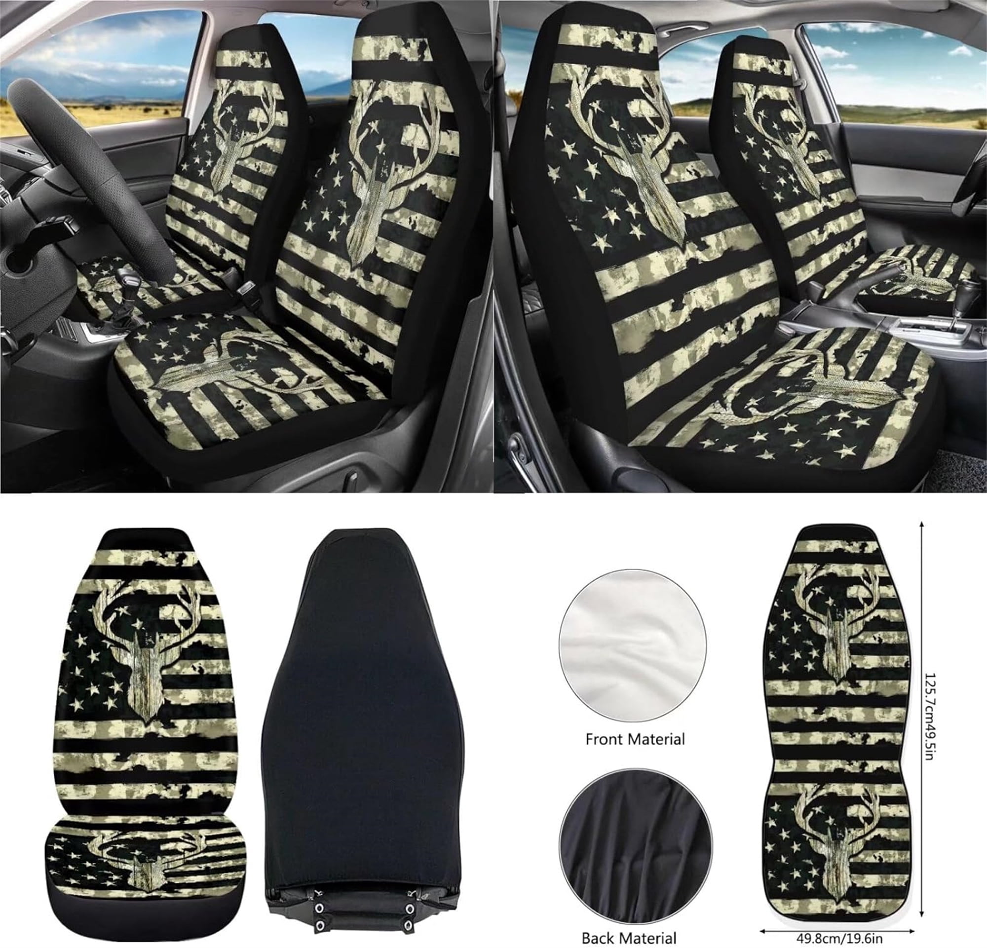 Jeiento Deer 12 Pcs Car Seat Cover Set with Front Car Seat Cover Steering Wheel Armrest Cover Seat Belt Pads Garbage Can Air Vent Pouch Rearview Mirror Cover Coaster Keychain Camo Hunting