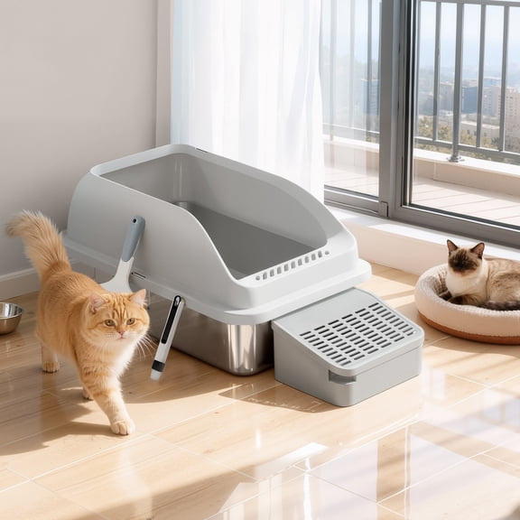 Stainless Steel Cat Litter Box, High-Sided Open Top Litter Tray with Step & Scoop, for Cats up to 33 lb, Dove Grey