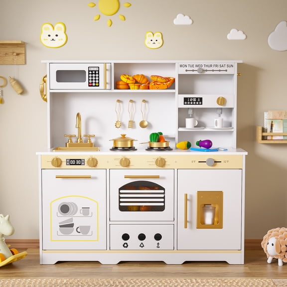Wooden Play Kitchen for Kids, Pretend Toy Kitchen Set with Realistic Lights & Sounds, Versatile Storage, Fun Accessories, Perfect Gift for Ages 3 , White