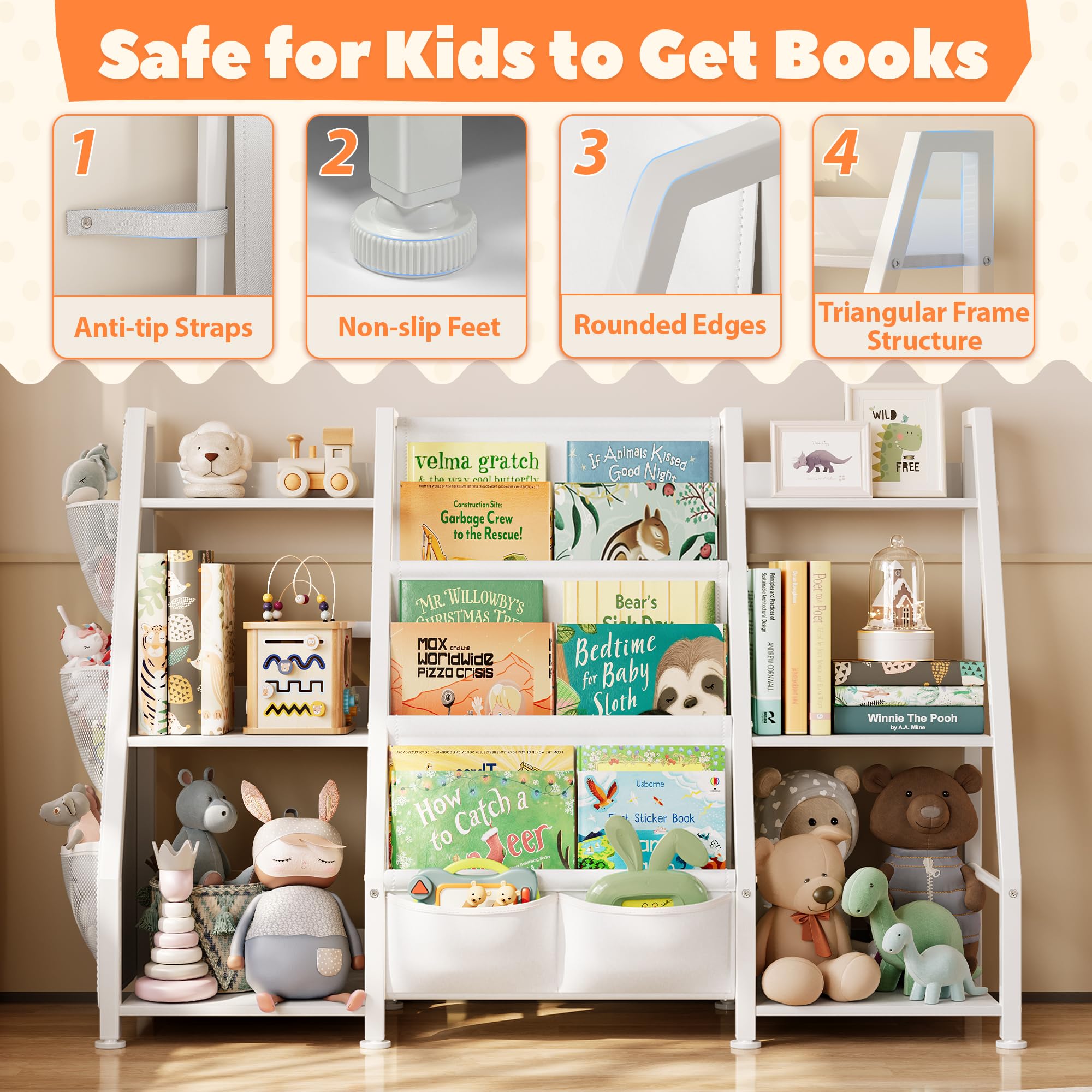 Joqixon Kids Bookshelf Large Storage Bookcase: 3-Tier Book Sling Shelf Toy Organizer for Toddler - Display Rack with 3 Pockets for Kids Rooms, Bedroom, Playroom, Nursery (White, Wood + Metal)