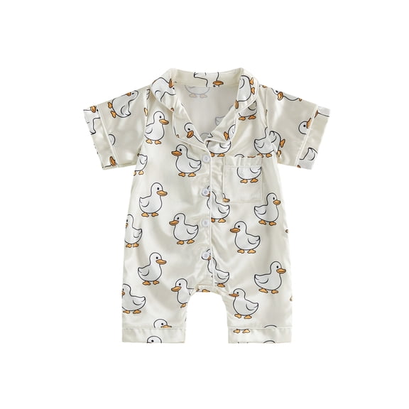 Cenuakty 0-24M Baby Jumpsuit Short Sleeve Lapel Collar Duck/Sea Wave Print Sleep Romper Footless Newborn Outfit