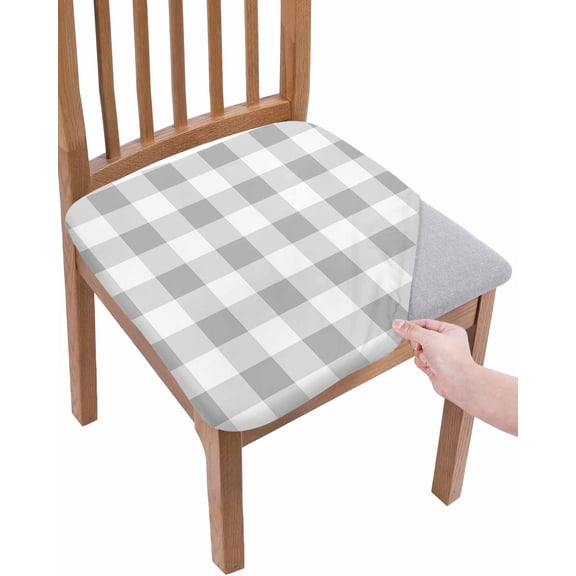 Grey Plaid Chair Seat Covers for Dining Room Stretch Chair Seat Covers Set of 2, Gradient Geometric Buffalo White Checkered Chair Seat Protector Cushion Slipcovers for Kitchen Restaurant Office