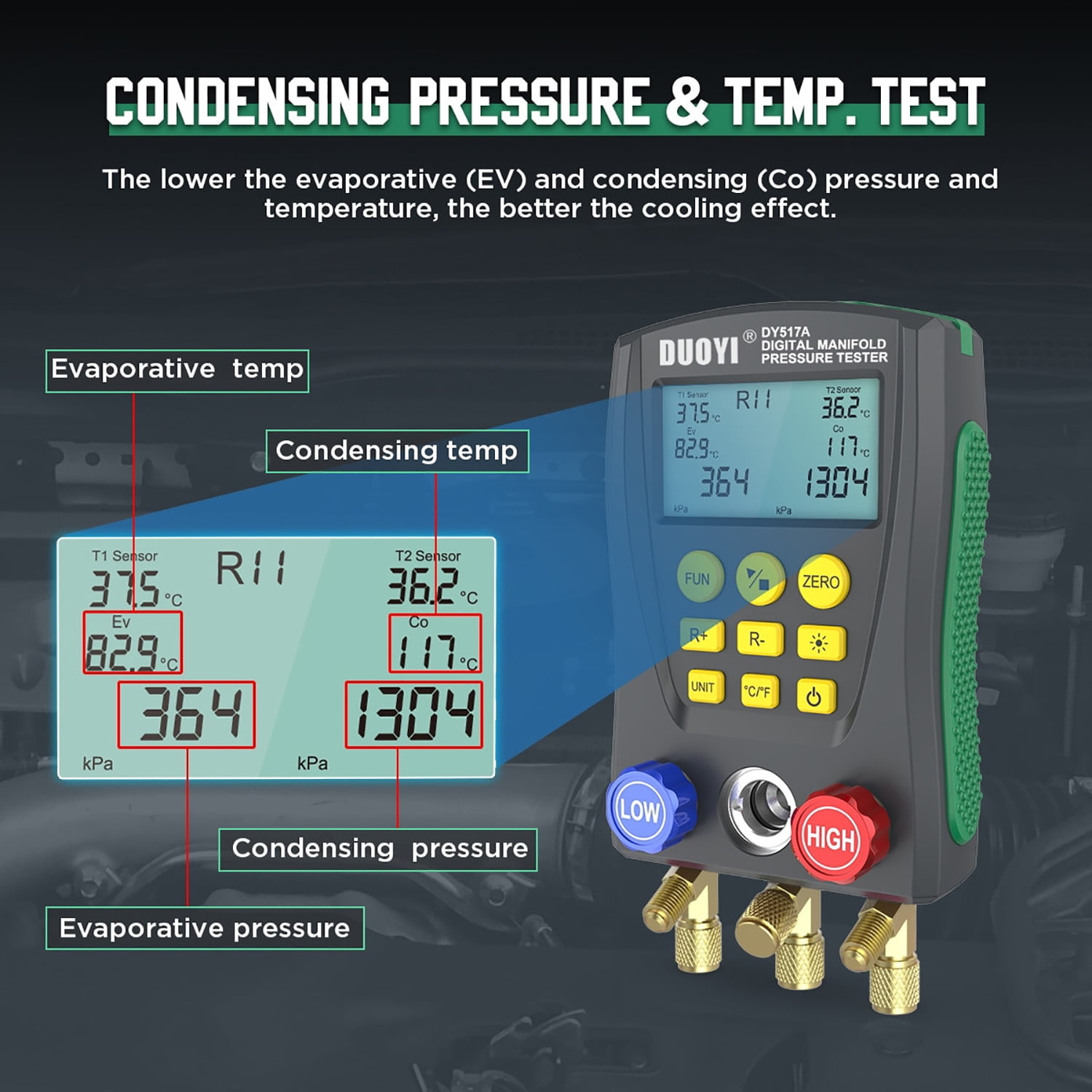 DUOYI DY517 Digital Manifold Gauge, 1-Piece HVAC Refrigeration Pressure Temperature Tester with Smart Features for 89 Refrigerants