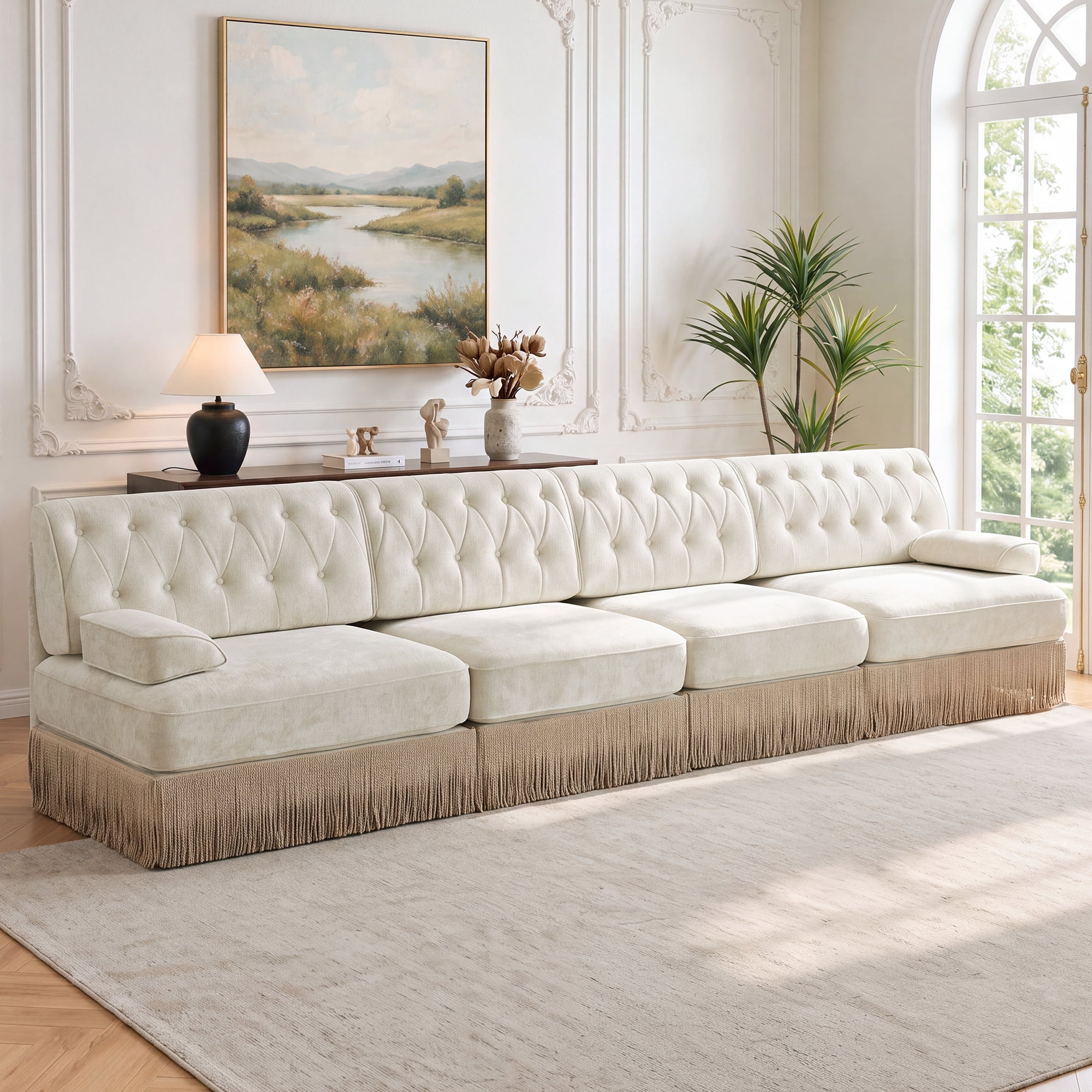 135" Velvet Fabric 4-Seater Sofa with Tassel Fringe Skirt and Button Tufted Design, Easy to Assemble