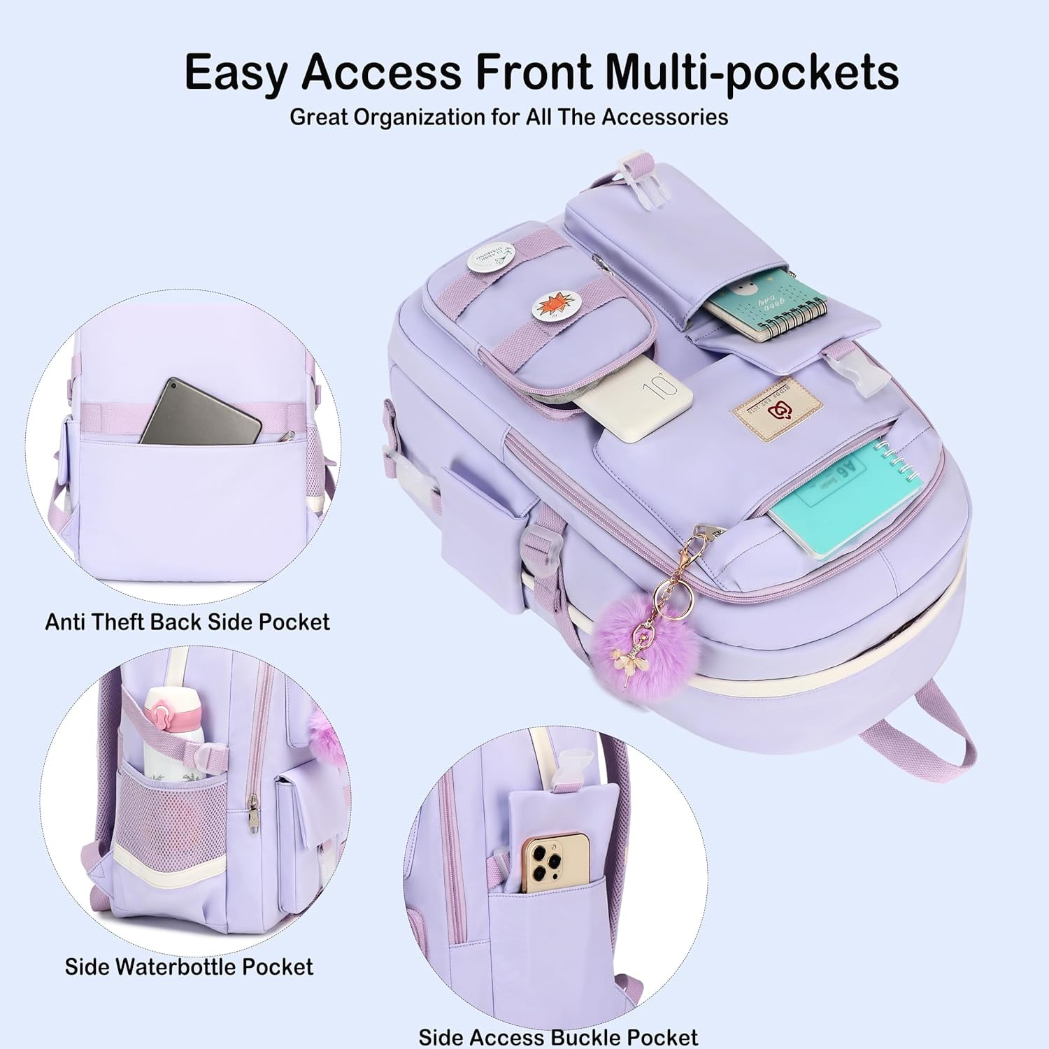 AO ALI VICTORY Laptop Backpack 15.6 inch College Backpack Large Schoolbag Anti Theft Travel Backpack Casual Daypack Schoolbag Teen Ladies (Purple)