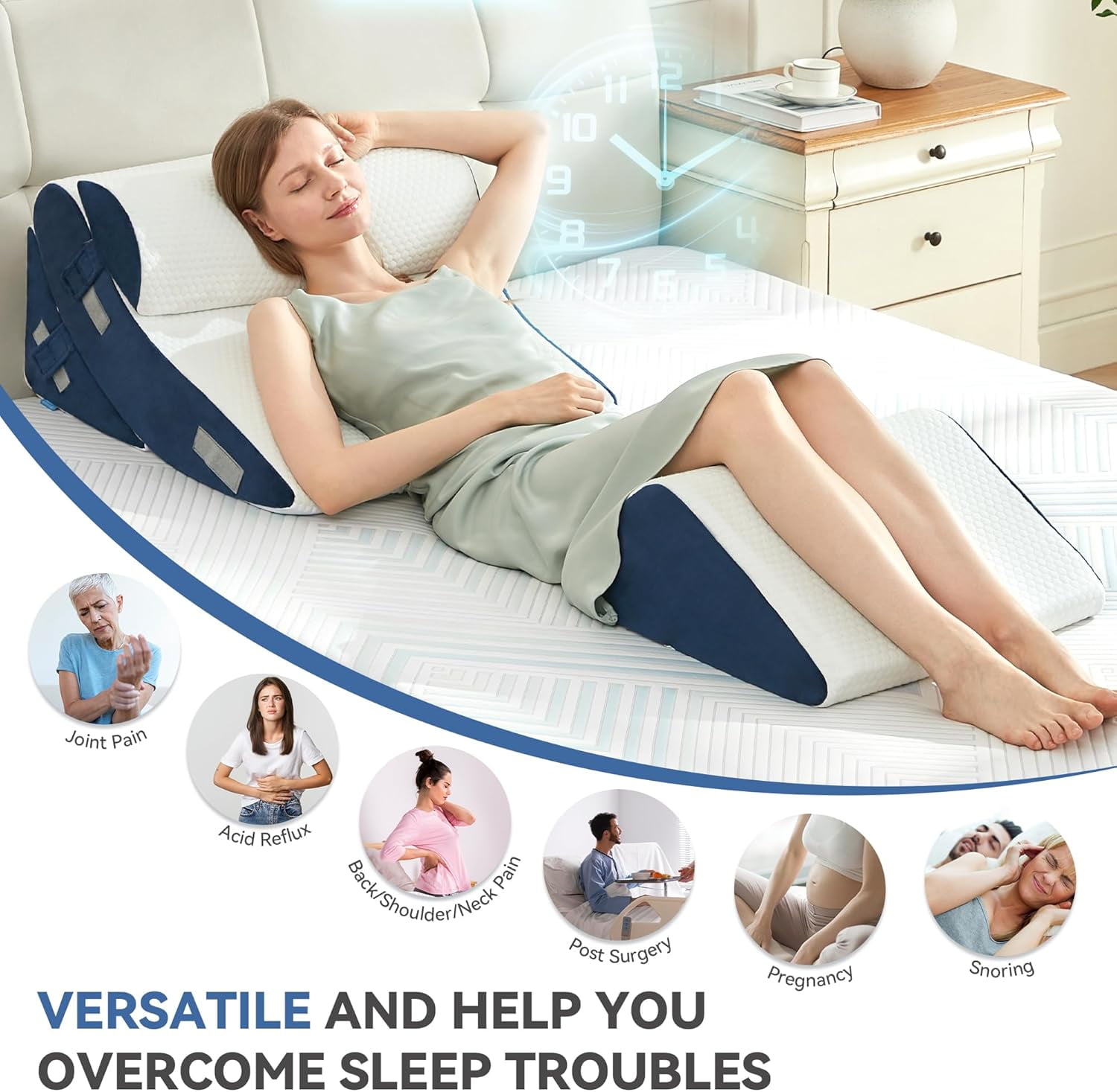 4PCS Bed Wedge Pillow Post Surgery, Orthopedic Sleeping Wedge Pillow Set for Back, Neck and Leg Pain Relief, Acid Reflux, GERD, Memory Foam Support Pillows for After Surgery, Navy