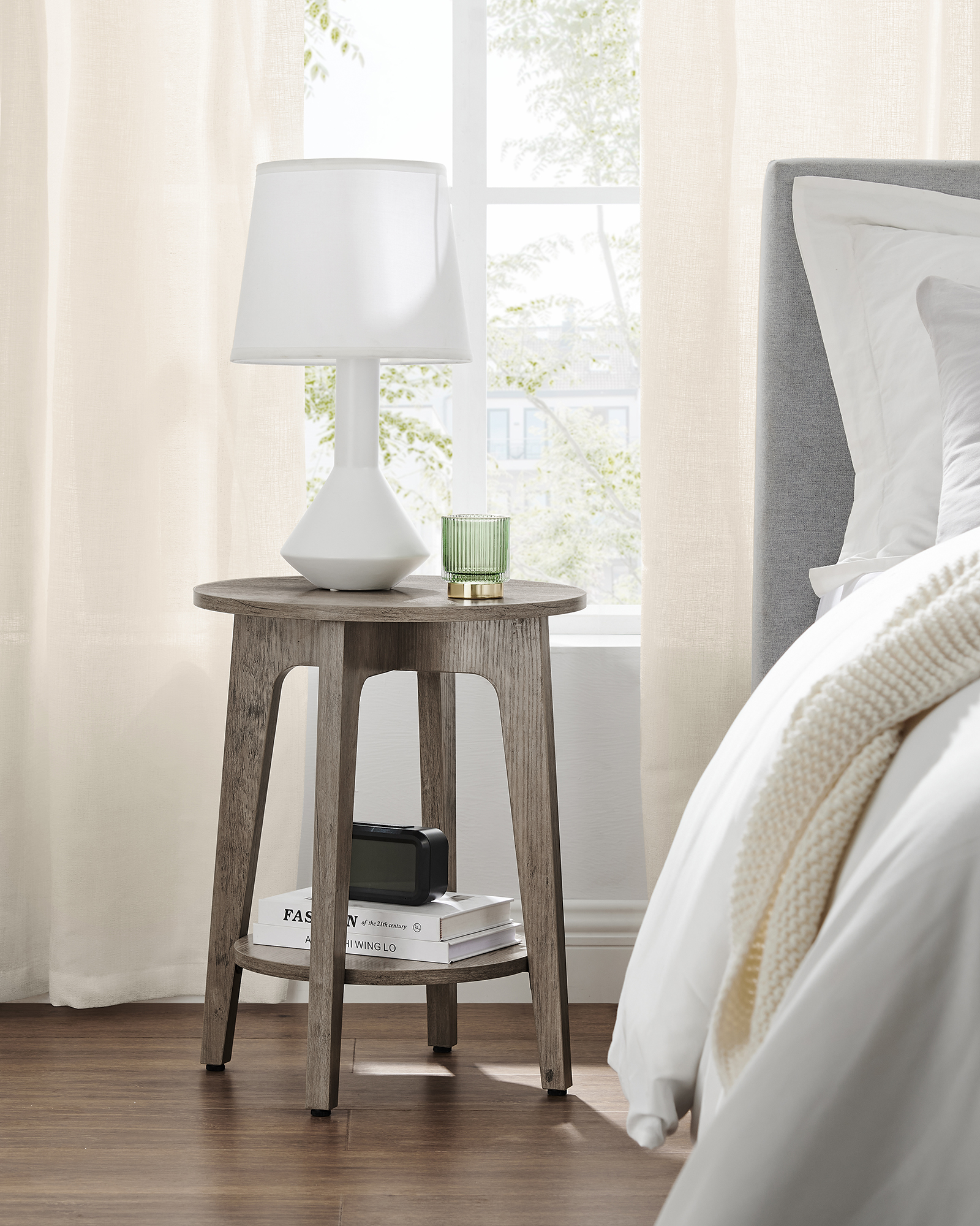 Round Side Table with Lower Shelf End Table for Small Spaces Nightstand Living Room Greige