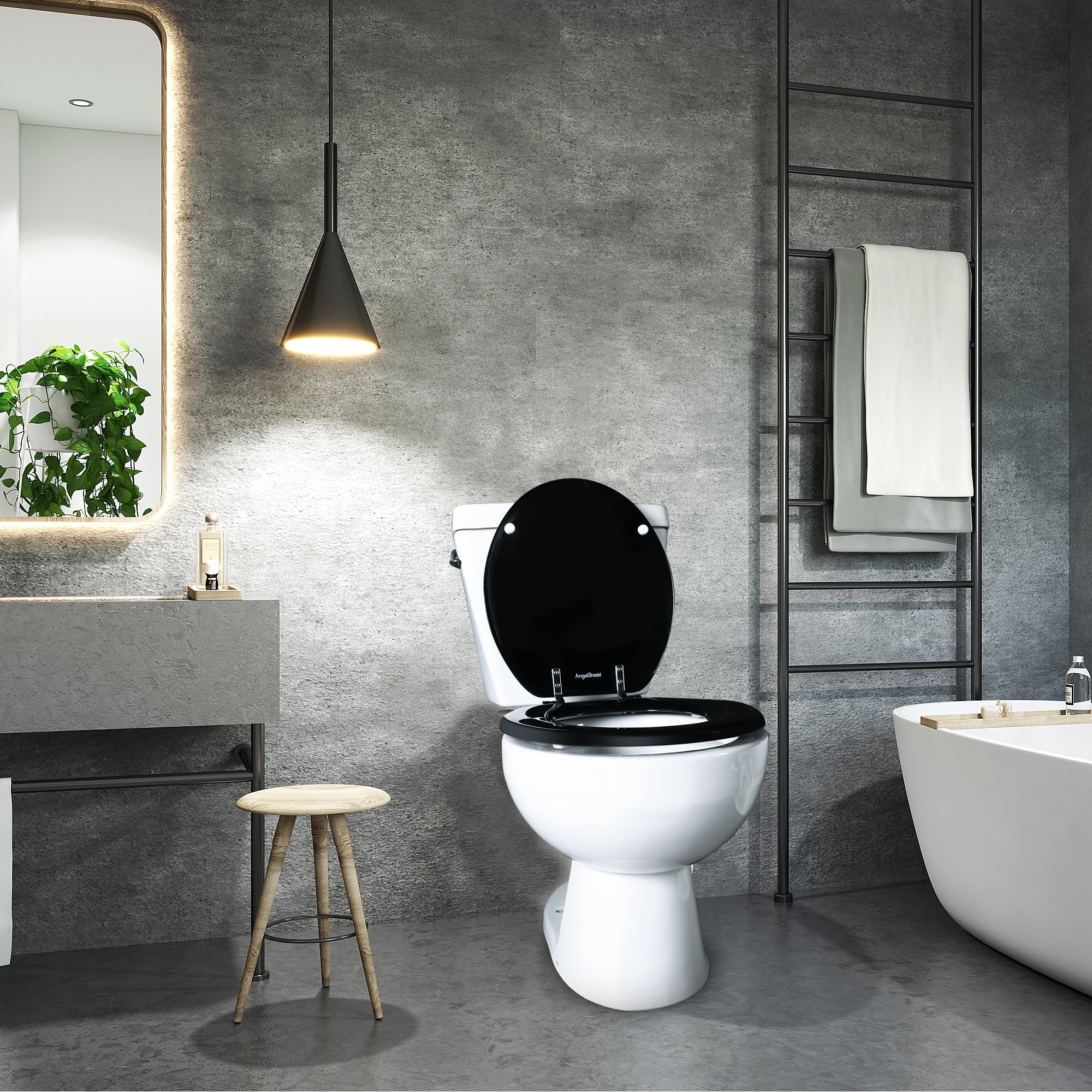 Angol Shiold Wood Round Toilet Seat, Black Toilet Seat, Easy Clean, Metal Hinges ( Round 16.5'', Black )