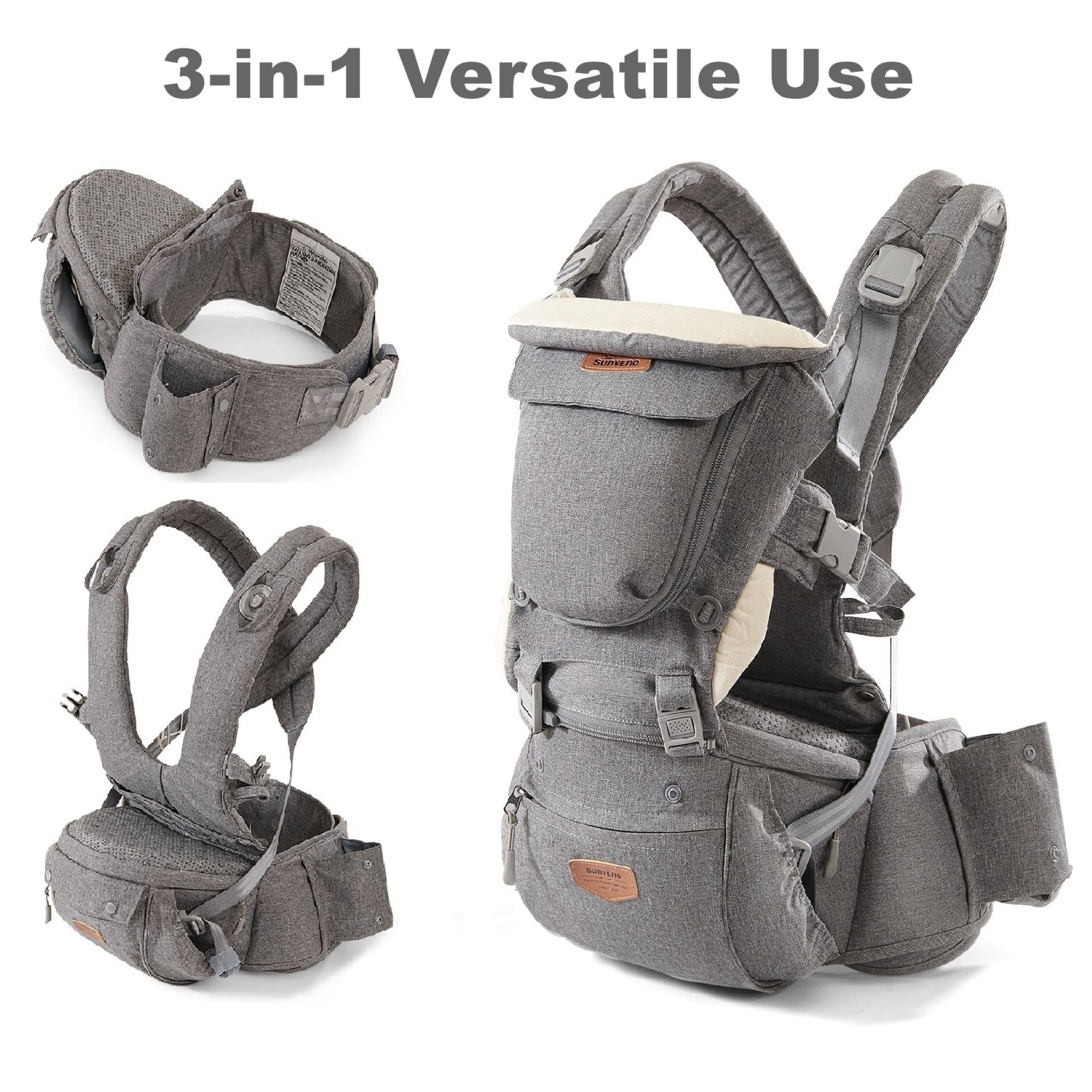 Sunveno 6-in-1 Ergonomic Baby Carrier with Hip Seat for Newborn and Toddlers, Gray, One Size