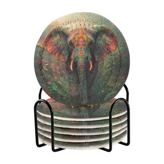 Vibrant Elephant in Forest Coasters with Holder for Coffee Table 6 Pcs Drink Coaster Sets Absorbent for Home Decor 4 inch