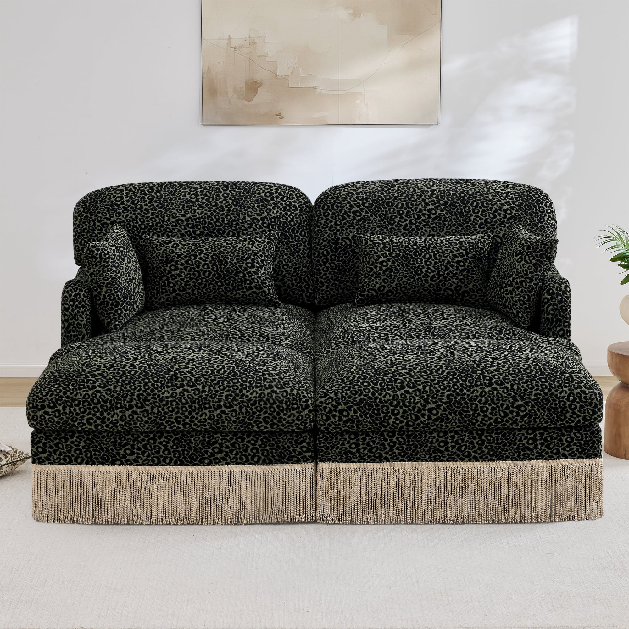 69" Chenille Leopard Tassel Deep Seat Loveseat Sofa Couch with 2 Ottoman and 4 Throw Pillows