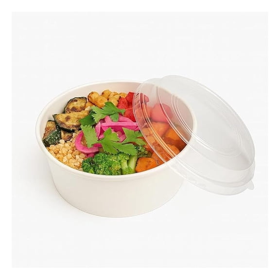 100 Pack 42oz Disposable White Round Bowl with Plastic Lids, Round Shape Paper Bowls White Paper Salad Bowl for Soup Stews