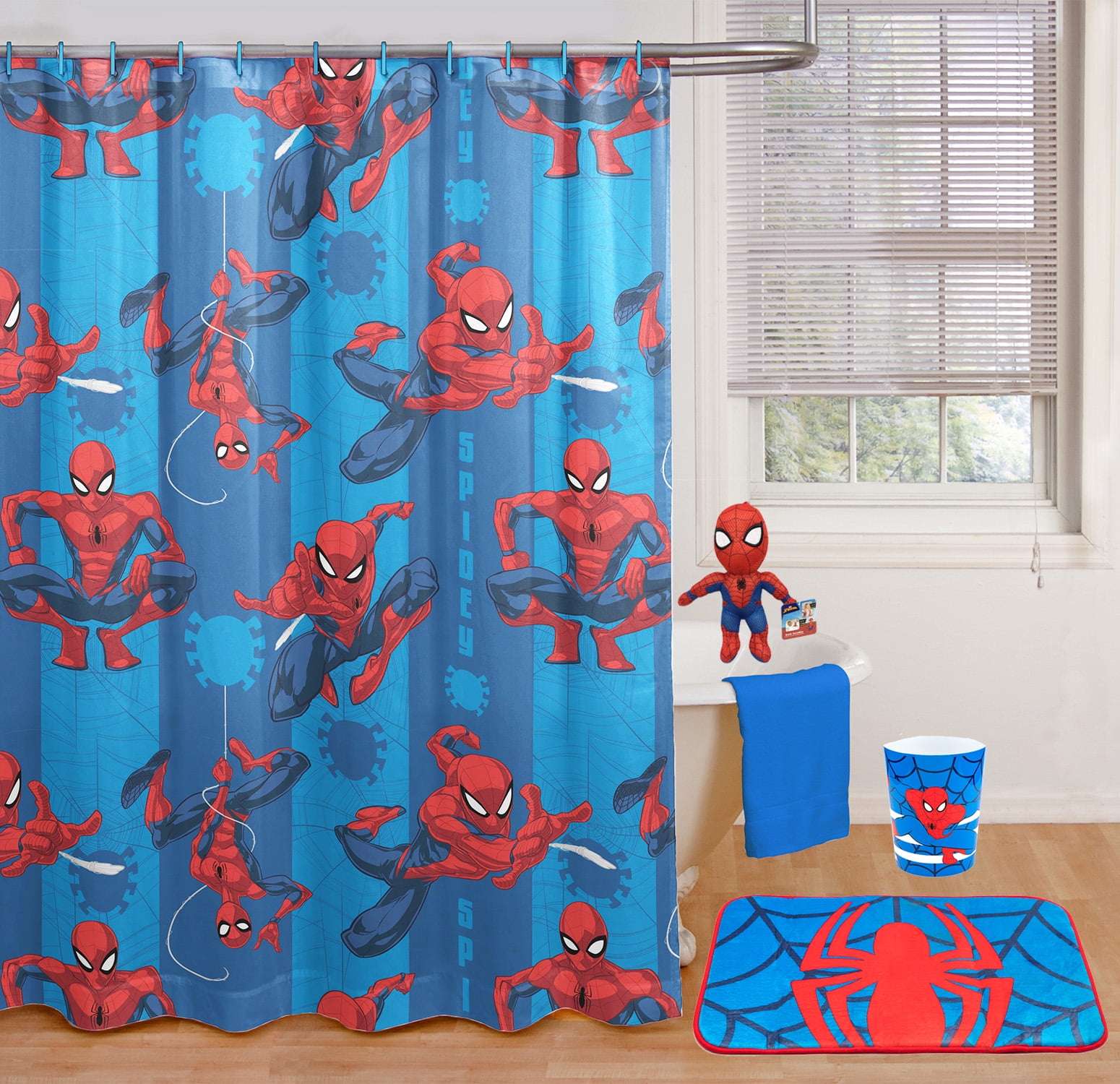 SpiderMan Shower Curtain Spiderman Bathroom Rug Set Bath Mat Non-Slip Lid Cover 