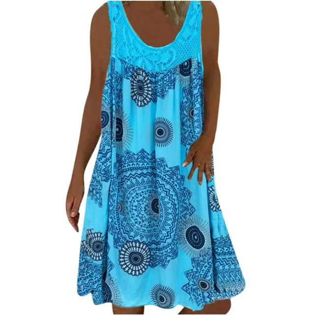 CHOK Robes d'Été pour Femmes Grande Taille Robes d'Été Grande Taille pour Femmes Plage Col en U Sans Manches Faux Deux Pièces Robe T-Shirt de Fête Midi Robe Ample