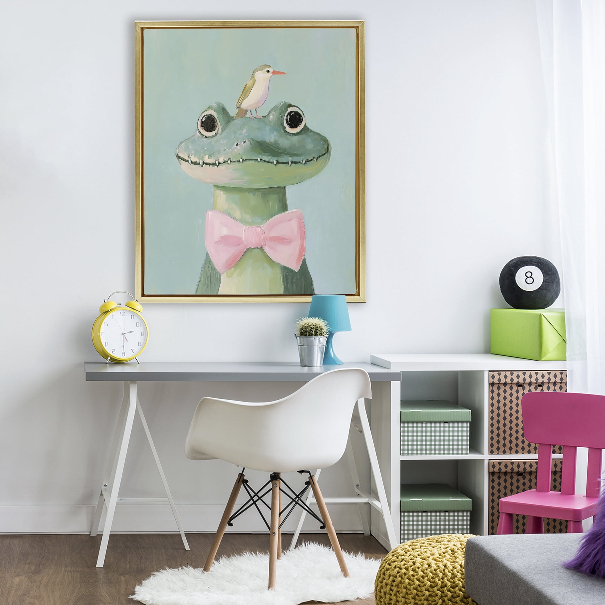 Stupell Industries Crocodile & Bird with Bowtie Gold Framed Floater Canvas Wall Art, design by The Prints Vibe