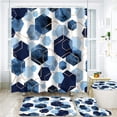 thumbnail image 1 of Juego de 4 cortinas de ducha de color azul con diseño geométrico, juego de cortinas de baño abstractas de arte moderno en azul marino con 12 ganchos, alfombra de baño y alfombrillas de inodoro, 1 of 6